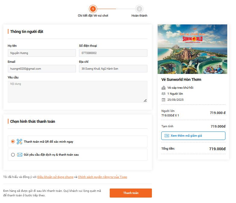 mua vé cáp treo hòn thơm online